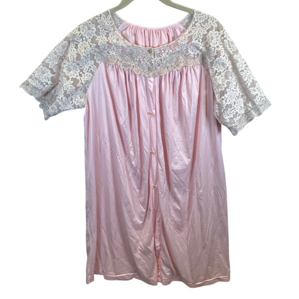 Vintage Lingerie Pink Nylon Tricot Lace Nightgown Robe Large 3700 USA